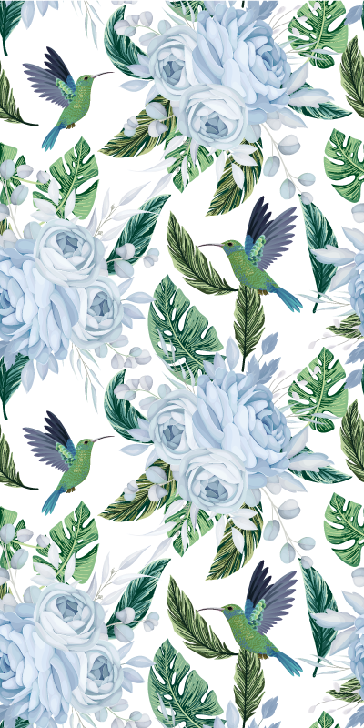 Alfombra vinílica flores jardín azul con pájaros - TenVinilo