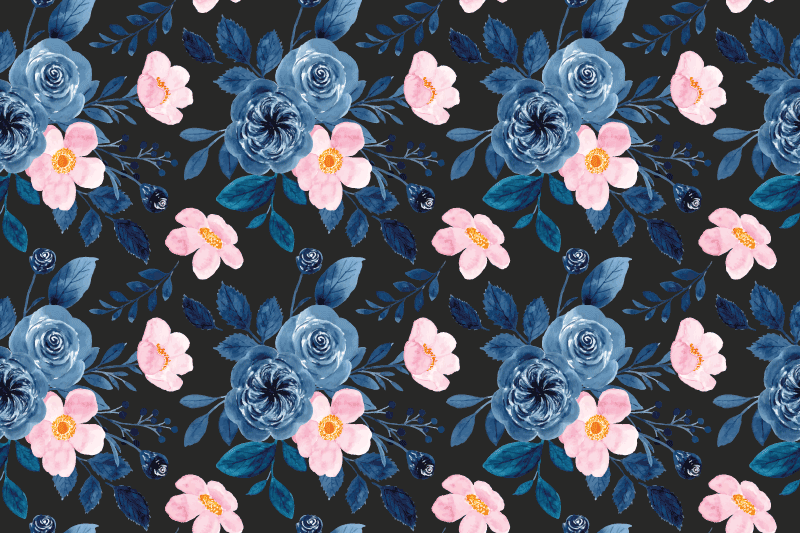 Alfombra vinílica flores azul y rosa sobre fondo negro - TenVinilo