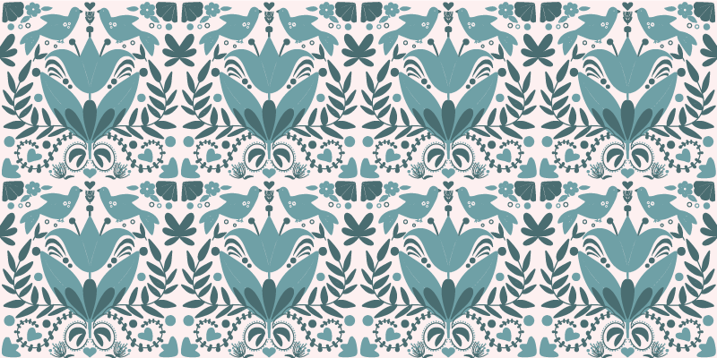 Alfombra vinílica flores diseño folk azul con aves - TenVinilo