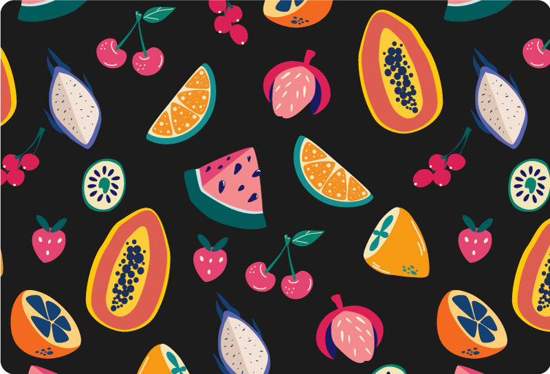 Alfombra vinílica naturaleza frutas multicolor sobre negro - TenVinilo