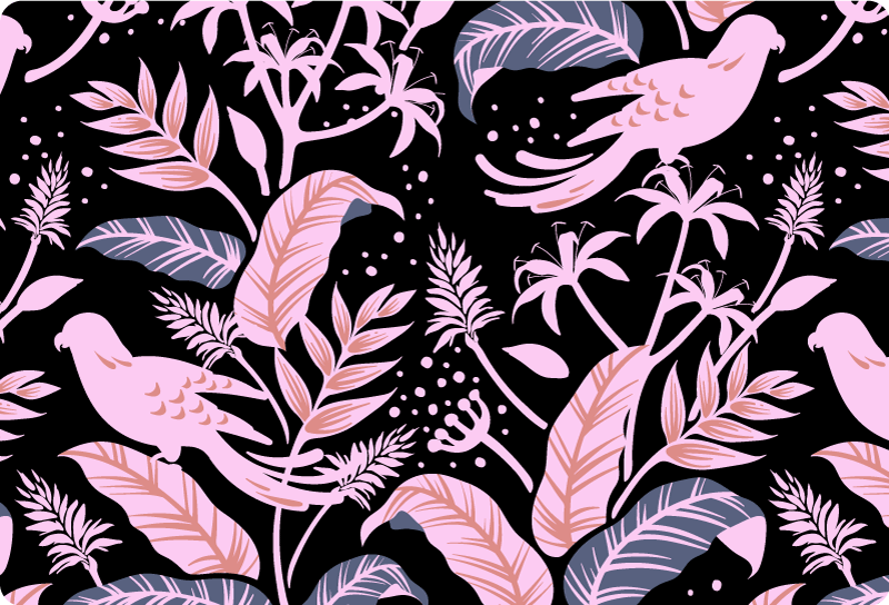 Alfombra vinílica flores pájaros negros y rosas sobre hojas - TenVinilo