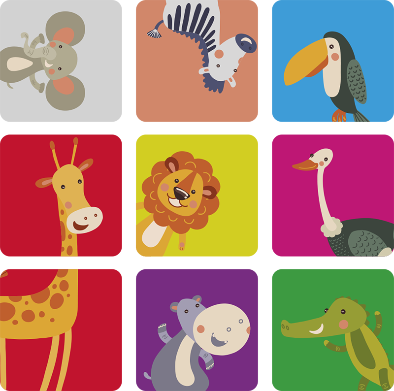 Alfombra vinílica infantil baldosas coloridas con animales - TenVinilo