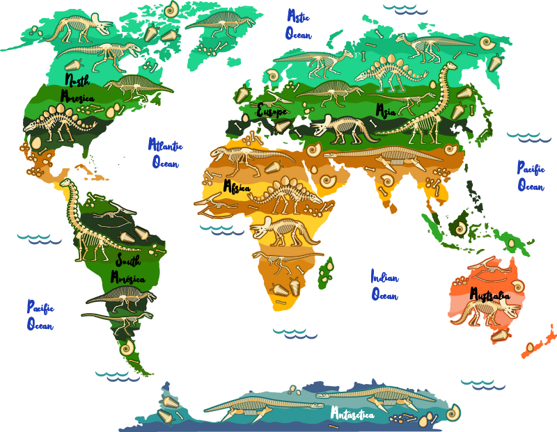 Alfombra vinílica mapamundi dinosaurios en inglés - TenVinilo