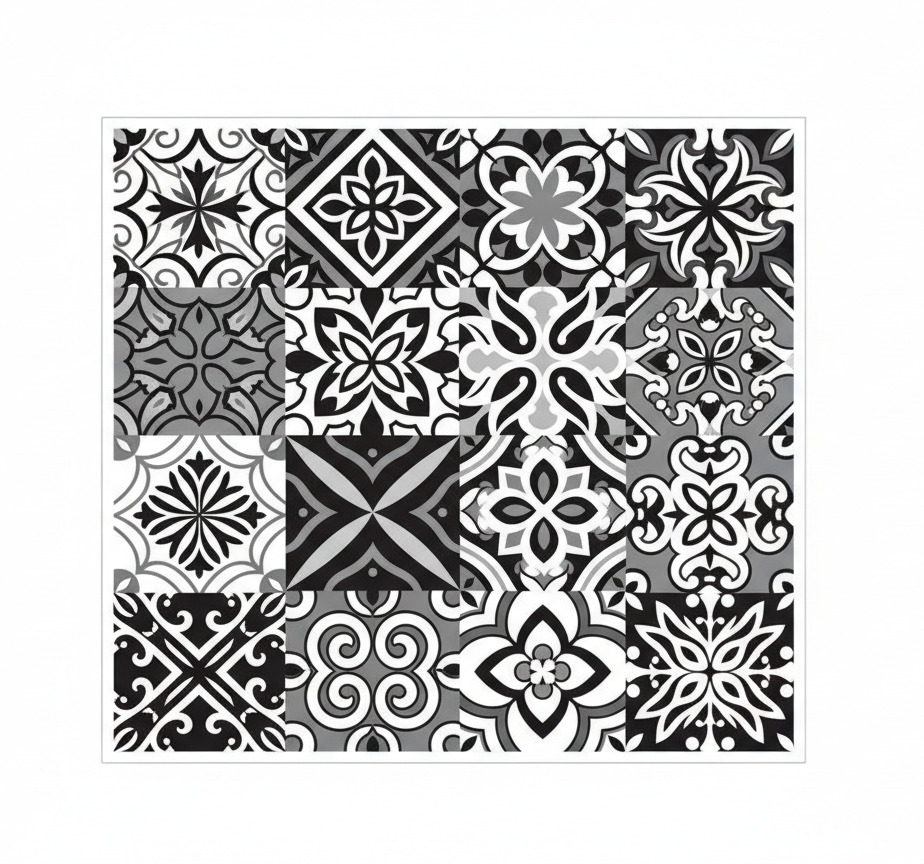 Alfombra vinílica cocina geometría contrastante negra - TenVinilo