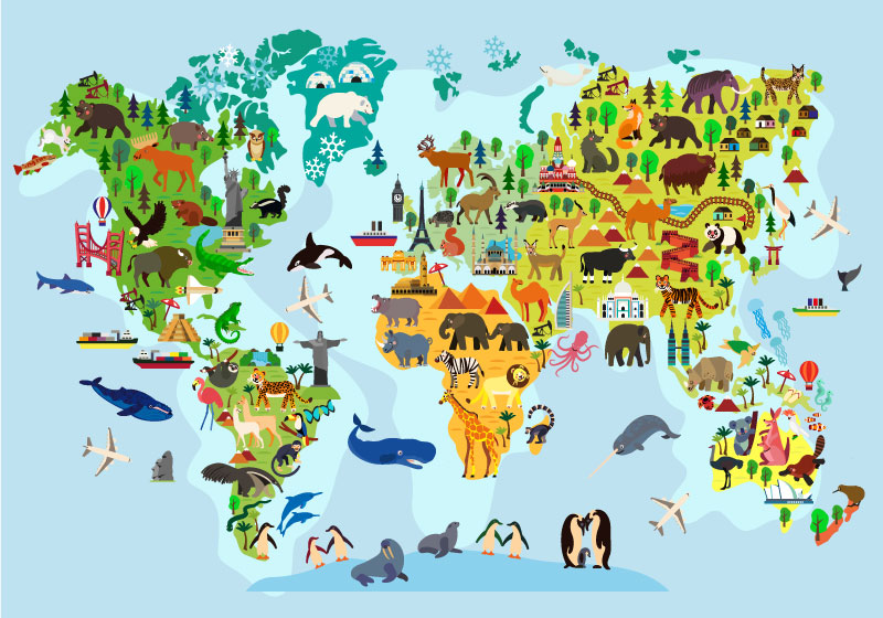 Alfombra vinílica mapamundi con monumentos y animales - TenVinilo