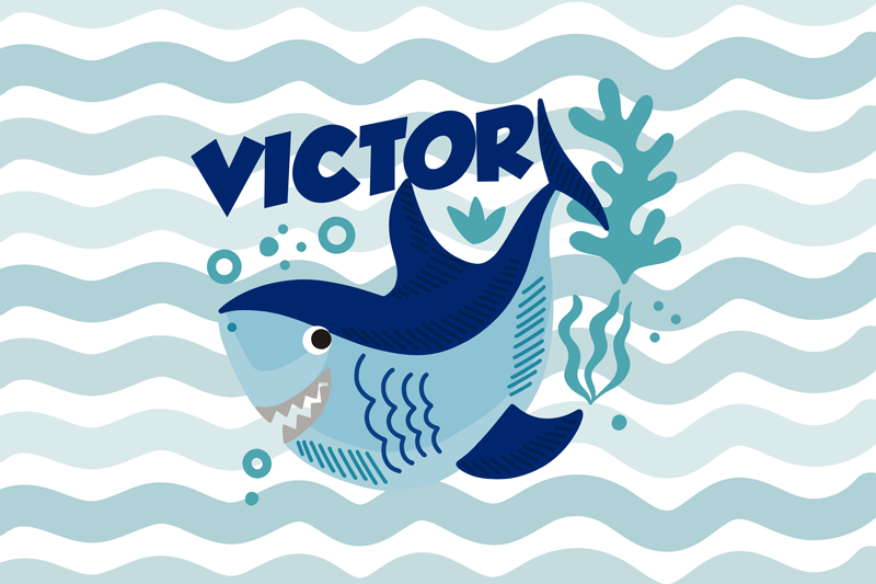 Aflombra vinilo azul tiburón bebé con nombre - TenVinilo