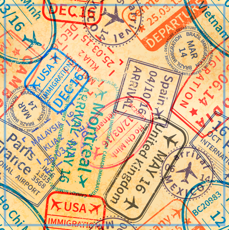 Alfombra vinílica mapamundi sellos de pasaporte de viaje - TenVinilo