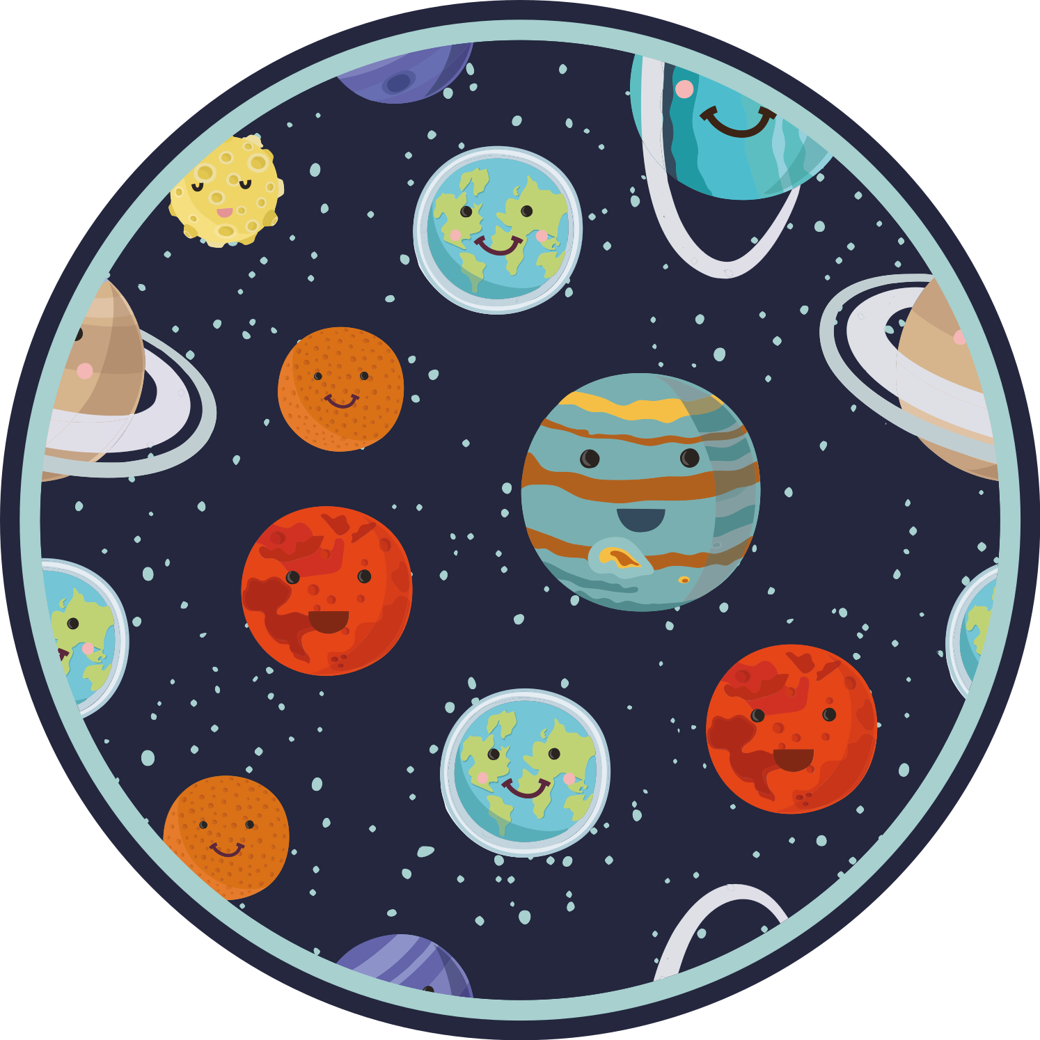 Alfombra vinilo infantil planetas sonrientes - TenVinilo