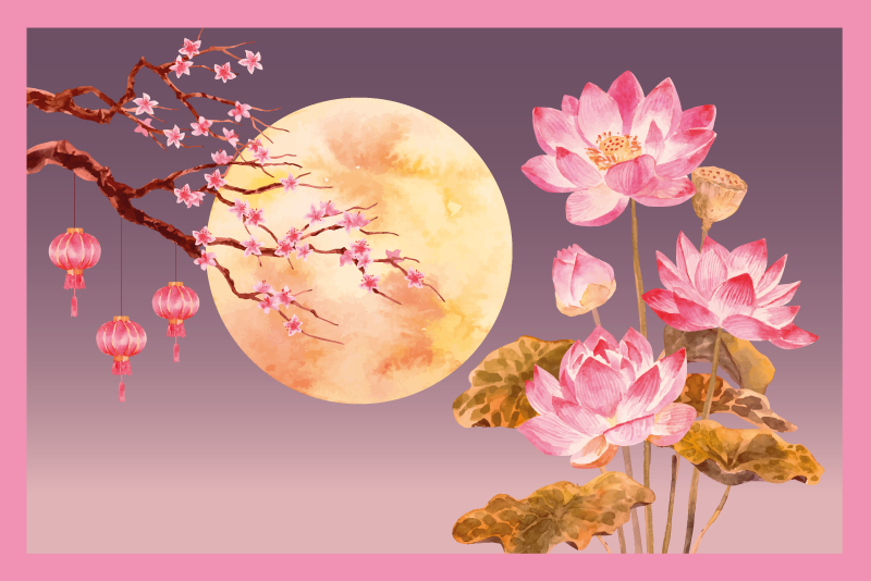 Alfombra vinílica flor loto escena nocturna - TenVinilo