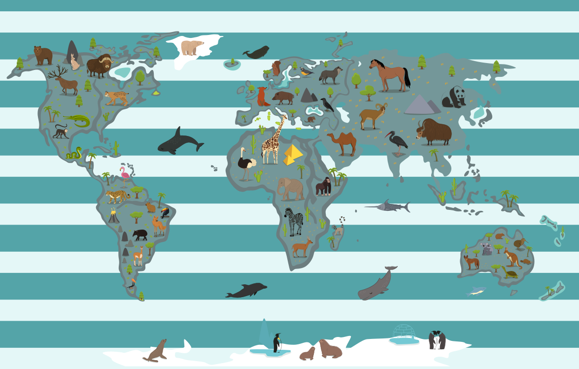 Alfombra vinílica mapamundi animales por continentes - TenVinilo