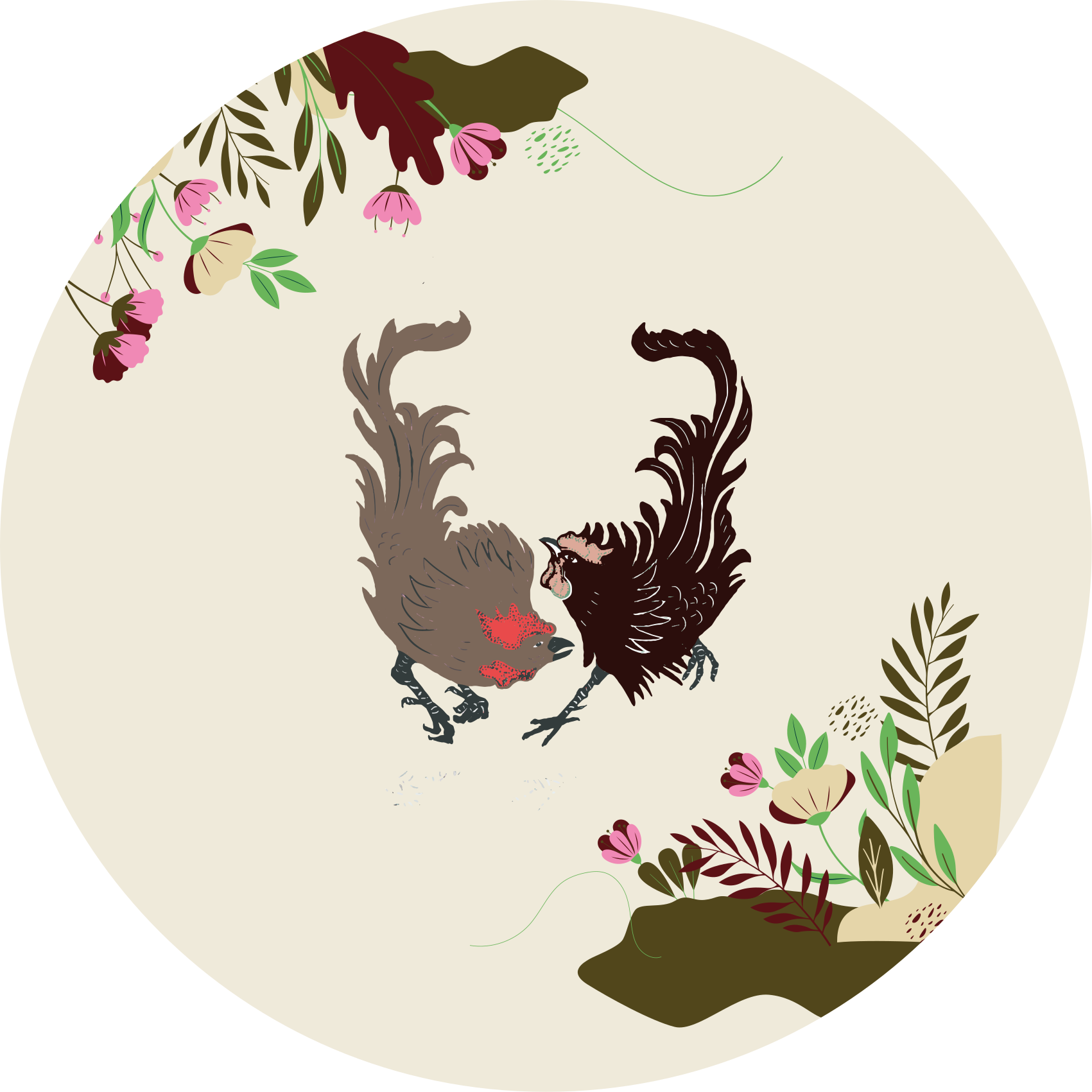 Alfombra vinilo redonda Gallos con hojas y flores. - TenVinilo