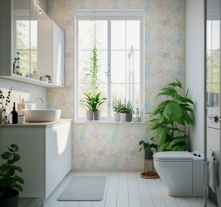 Papel pintado baño mariposas coloridas - TenVinilo