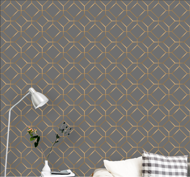 Papel pintado cuadros Hexágono geométrico gris y dorado - TenVinilo