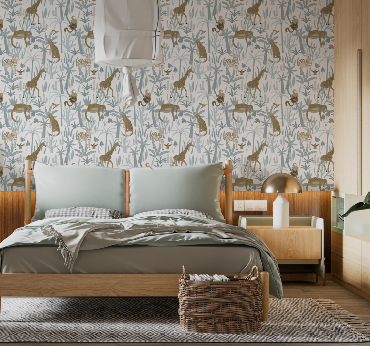 Papel dormitorio matrimonio patrón de selva de color pastel - TenVinilo