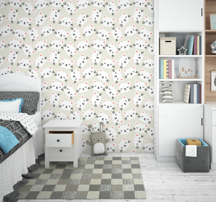 Papel habitación infantil dibujo de cara de gato blanco - TenVinilo