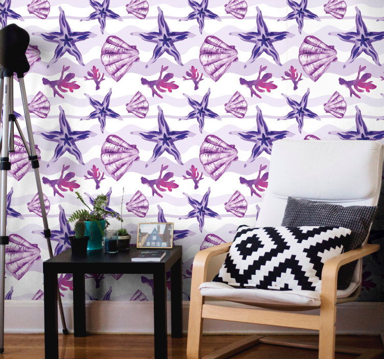 Papel pintado animales conchas y estrellas lilas - TenVinilo