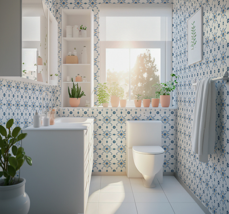 Papel pintado baño azulejo floral - TenVinilo