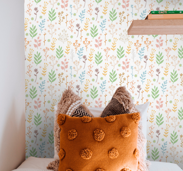 Papel pintado infantil Colores pastel hojas delicadas - TenVinilo