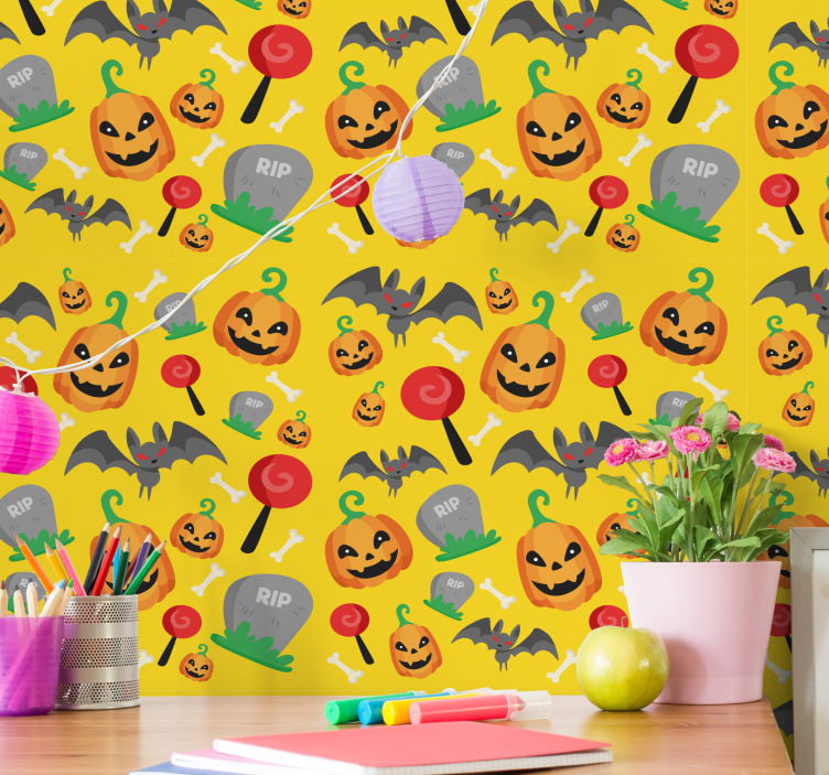 Papel pintado infantil de Halloween color amarillo - TenVinilo
