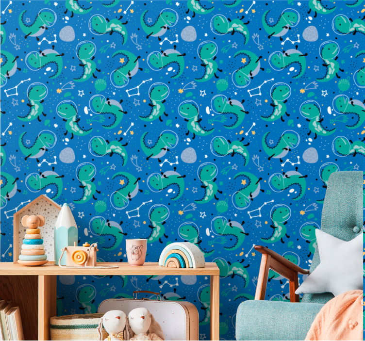 Papel pintado infantil Dinosaurios divertidos con planetas - TenVinilo