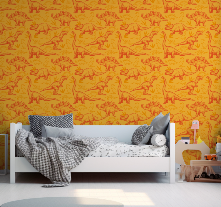 papel pintado infantil Dinosaurios figuers fondo naranja - TenVinilo