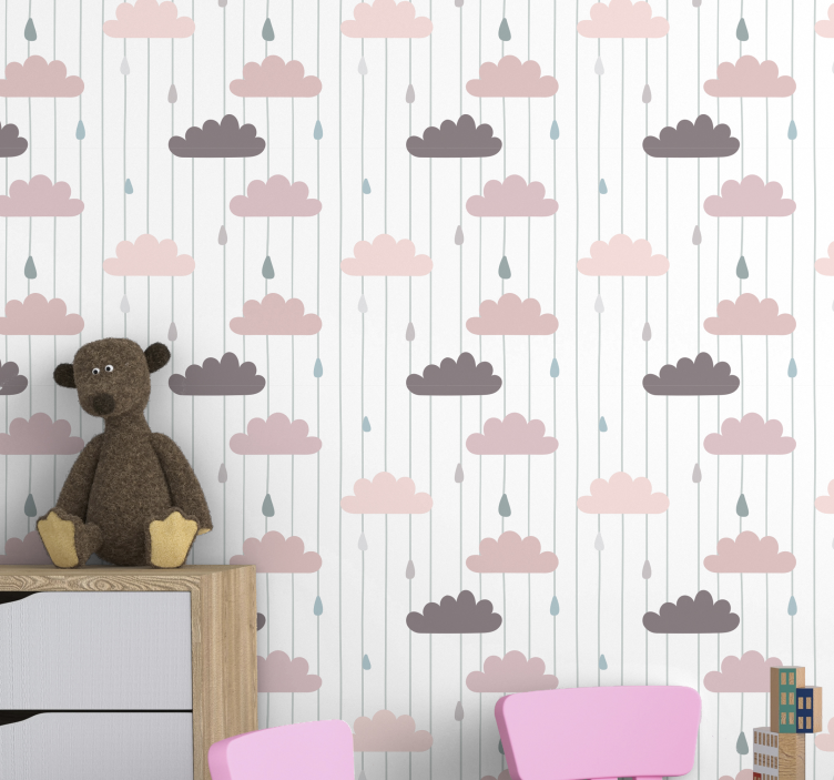 papel pintado infantil Nubes rosadas y gotas de lluvia - TenVinilo