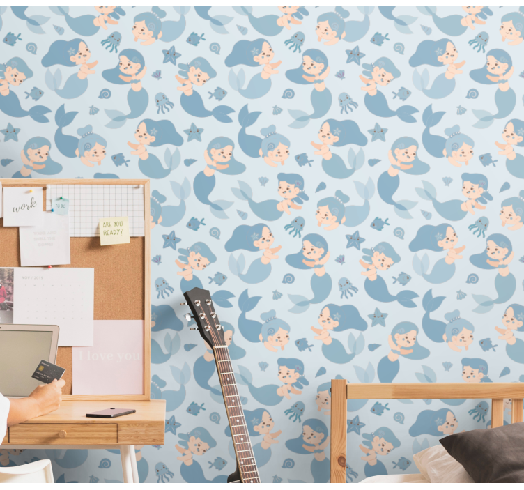 Papel pintado infantil Sirena niño azul sonriendo - TenVinilo