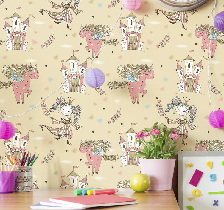 Papel pintado infantil unicornios y princesas - TenVinilo