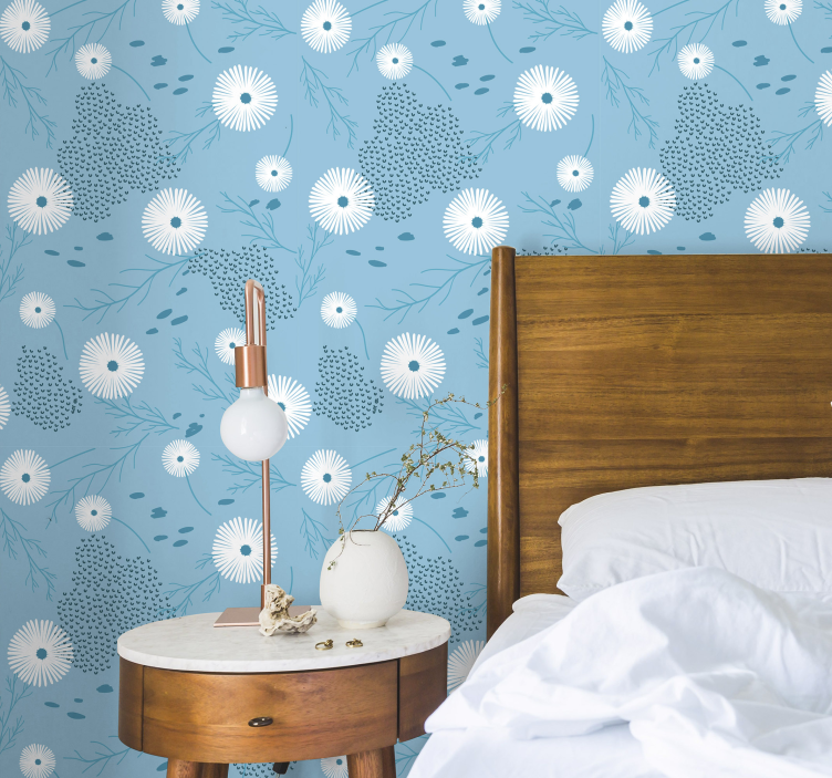 Papel pintado flores Flores blancas azules - TenVinilo