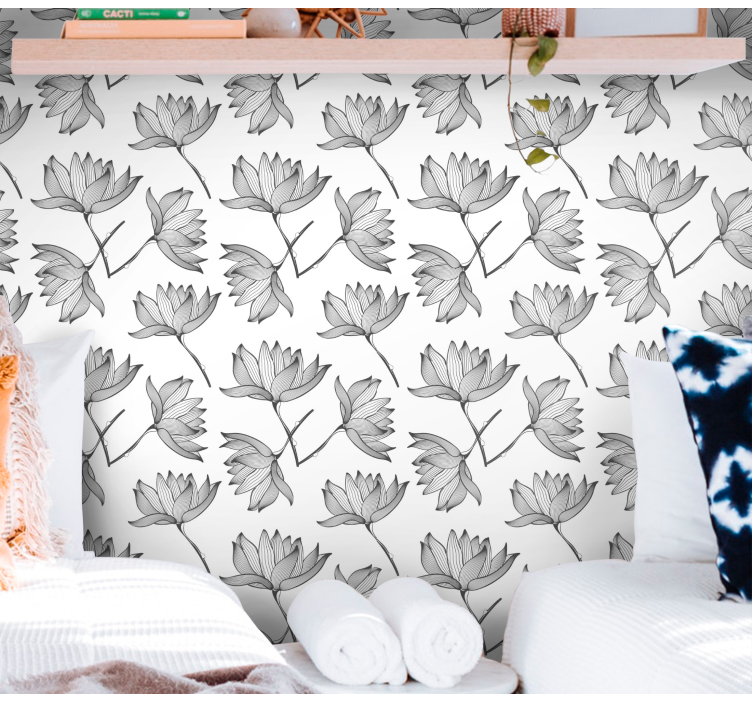 Papel pintado flores Patrón de lotos blancos - TenVinilo