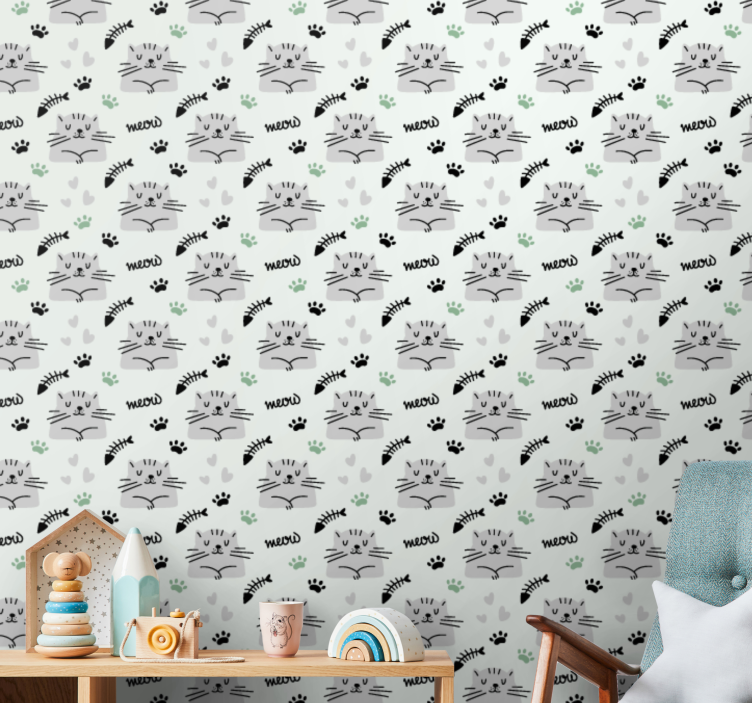 Papel pintado bebé Lindos gatos con patrón de patas - TenVinilo
