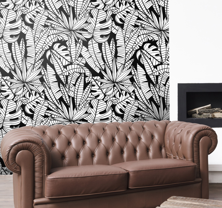 Papel pintado hojas tropicales blanco y negro - TenVinilo