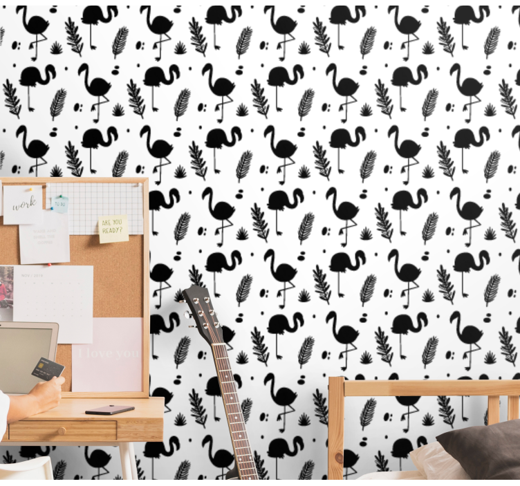 Papel tapiz animales patrón de follaje de flamenco - TenVinilo