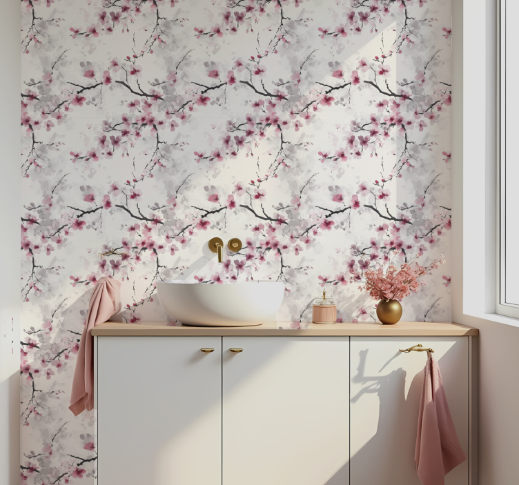 Papel tapiz baño papel pintado de cerezo rosa en flor - TenVinilo