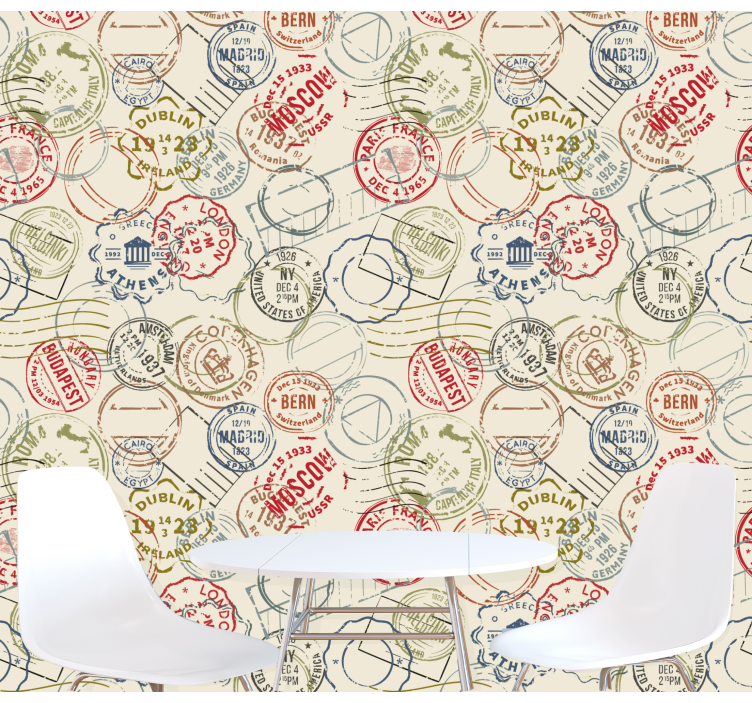 Papel tapiz ciudades collage de sellos de viaje - TenVinilo