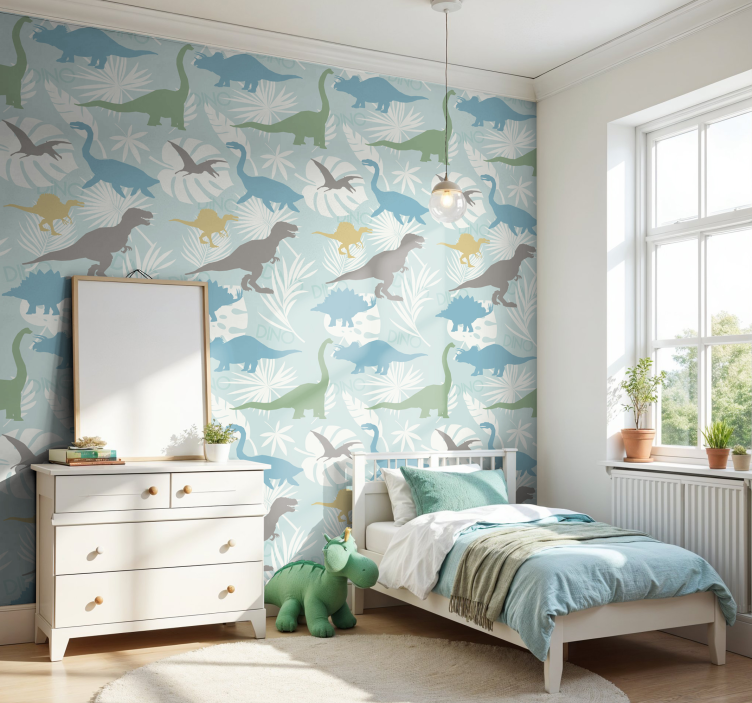 Papel tapiz dinosaurios patrón de colores pastel - TenVinilo