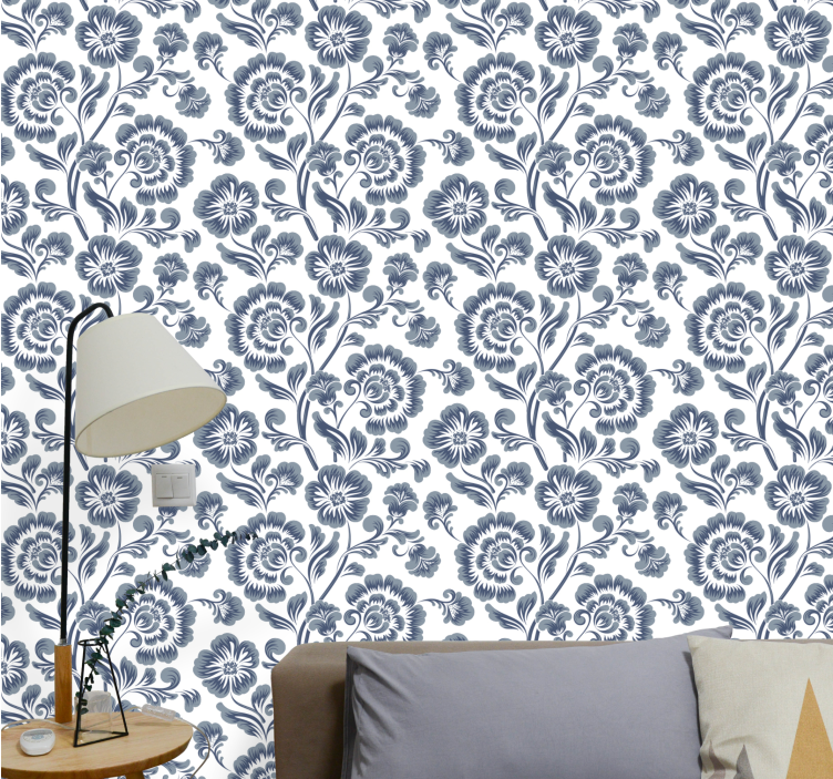 Papel tapiz floral estampado elegante azul marino - TenVinilo