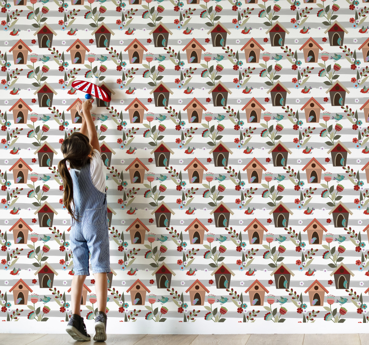 Papel tapiz floral patrón de casas de pájaros con encanto - TenVinilo