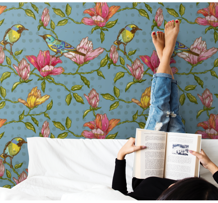 Papel tapiz flores ambiente floral aviar - TenVinilo