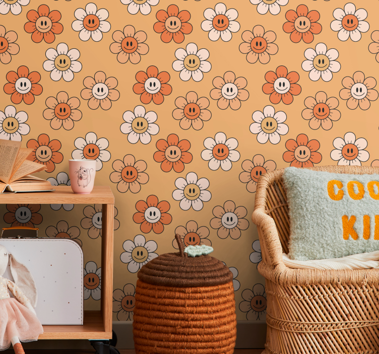 Papel tapiz flores patrón floral sonriente - TenVinilo