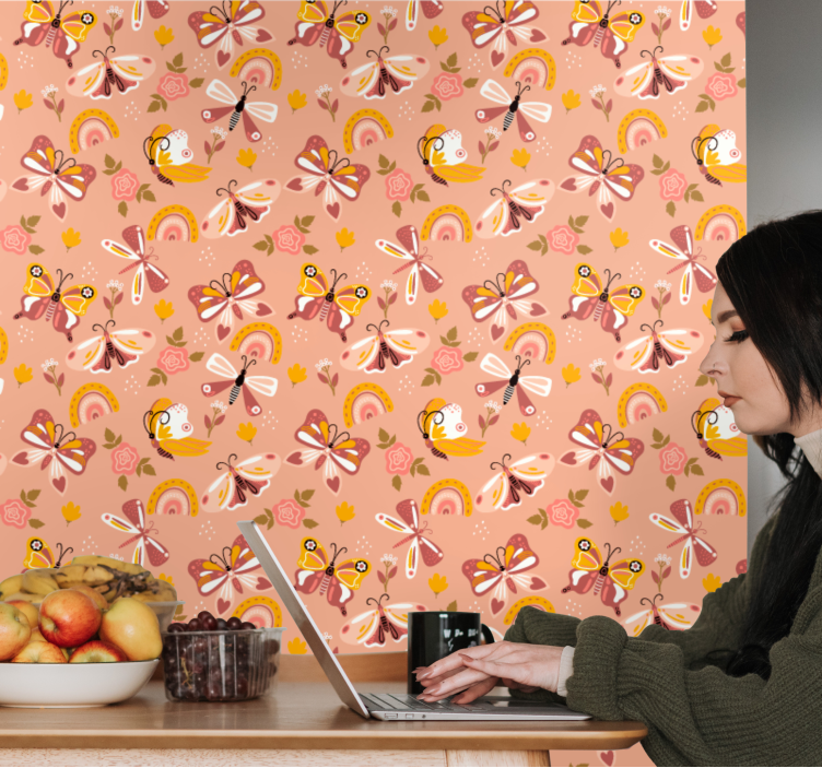 Papel pintado moderno Mariposas y arcoiris patrón boho - TenVinilo